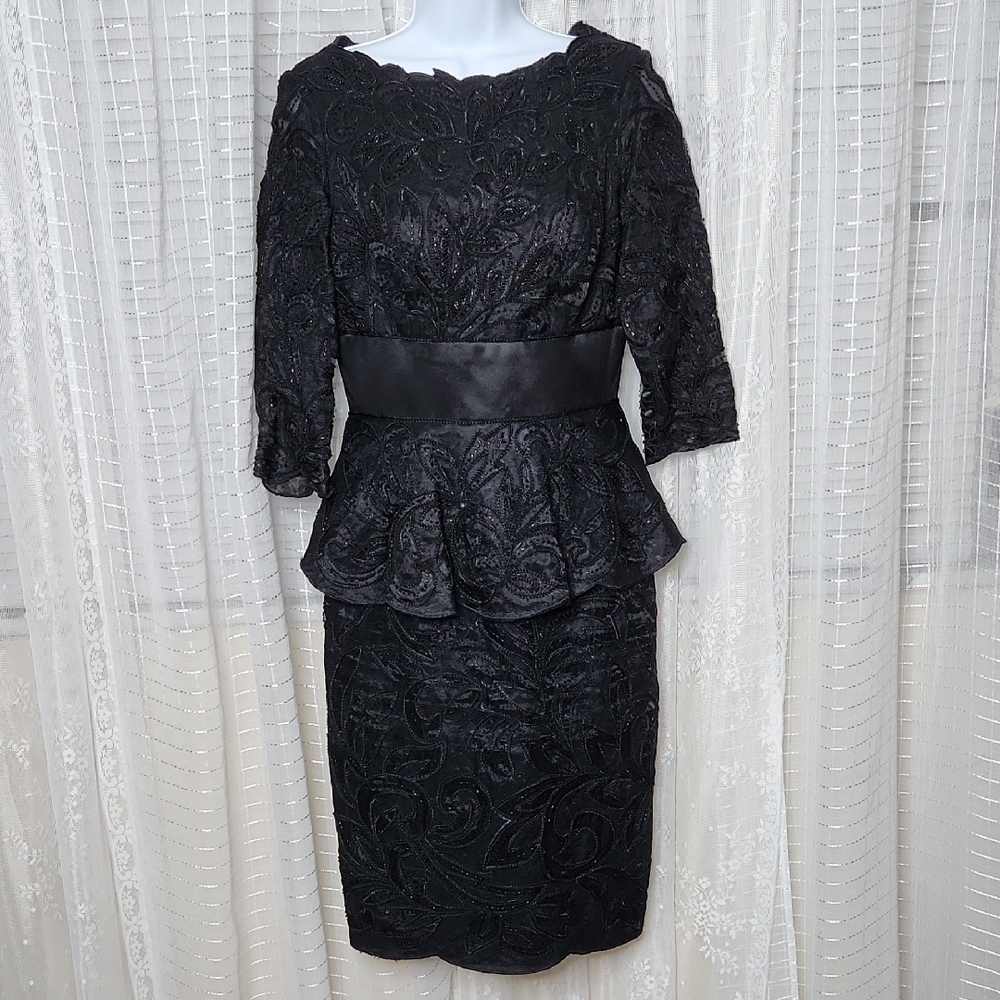 Janique By Kourosh Elegant Black Lace Peplum Formal Cocktail Beaded Dress Sz4